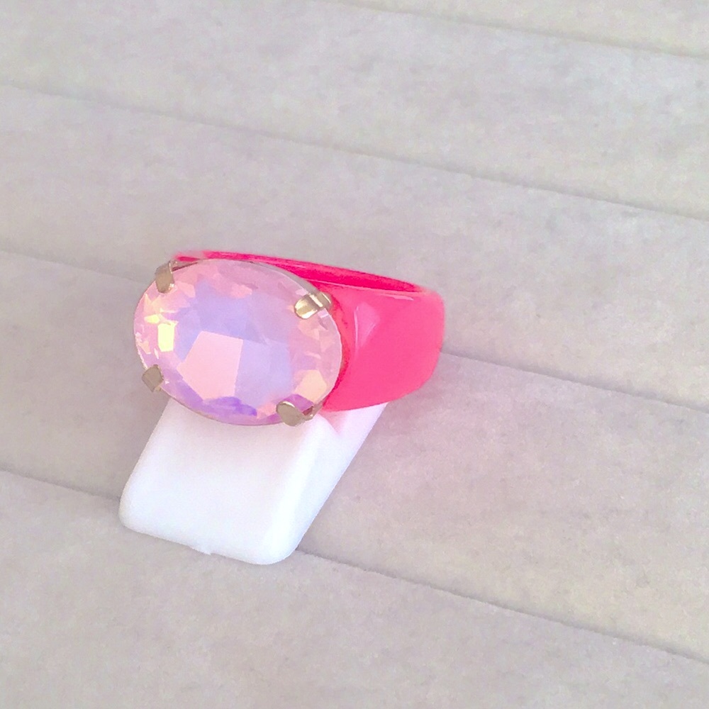 Lilac Pink Opal Oval Aurora Borealis Crystal + Hot Pink Ring